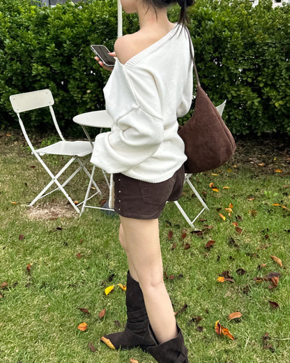 Fri. 韓chic簡約風一字領繫帶針織上衣 灰/米白