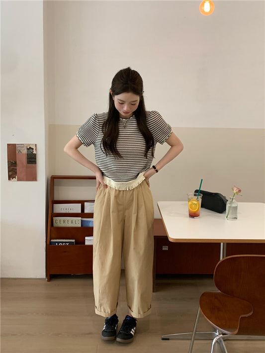 Wed. 編織流蘇繞邊條紋上衣