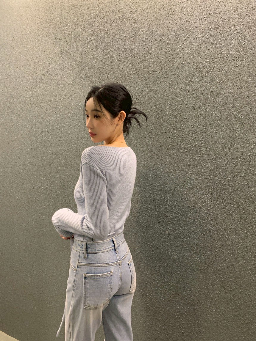 Fri. 秋冬設計感修身繫帶慵懶針織上衣 卡其/藍