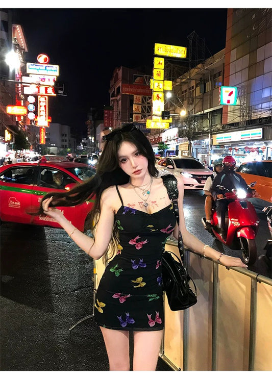 Mon. 蝴蝶逸逃Y2K風格彩繪細肩吊帶裙 黑