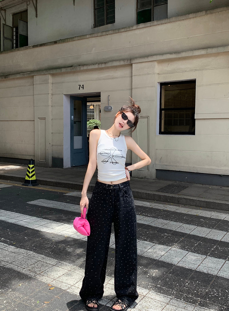 Mon. 波點牛仔寬褲 黑 新色