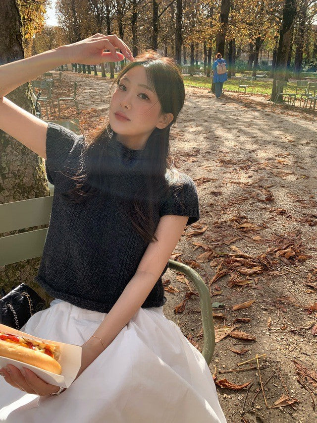 Tue. 韓女氣質高領短袖毛衣 卡棕/炭黑