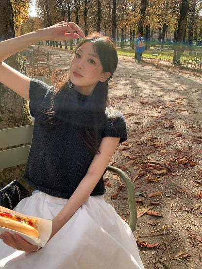 Tue. 韓女氣質高領短袖毛衣 卡棕/炭黑