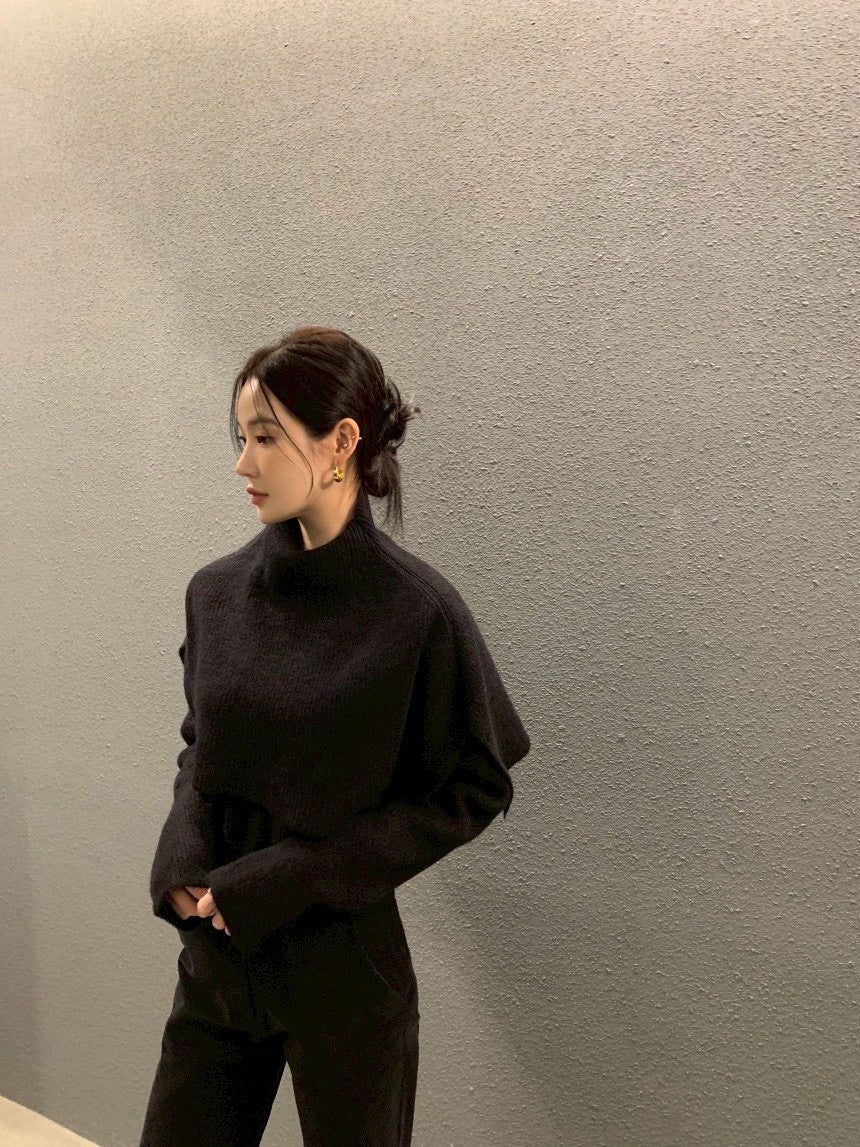 Fri. 斗篷疊穿氣質針織顯瘦2件式上衣 杏/黑