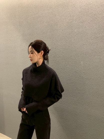 Fri. 斗篷疊穿氣質針織顯瘦2件式上衣 杏/黑