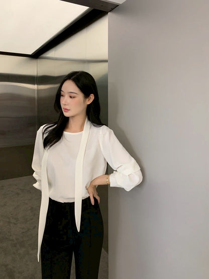 Fri. 法式新款掛脖飄帶氣質上衣 黑/白