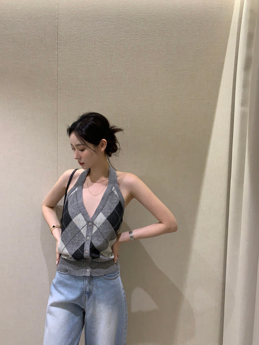 Tue. 復古菱格掛脖針織背心 灰