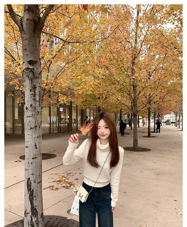 Mon. 軟糯糯浣熊絨羊毛高領百搭上衣 米白/粉