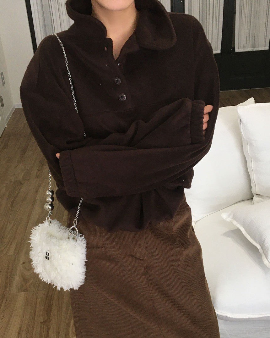 Mon. 日系氛圍鈕扣領慵懶長袖上衣 灰/咖