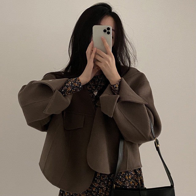 Mon. 氣質慵懶寬鬆毛呢外套 燕麥/深咖