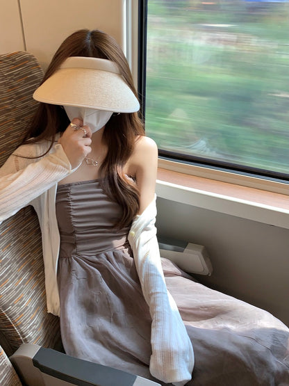 Sun. 鹽系抓皺抹胸網紗連身裙 & 罩衫