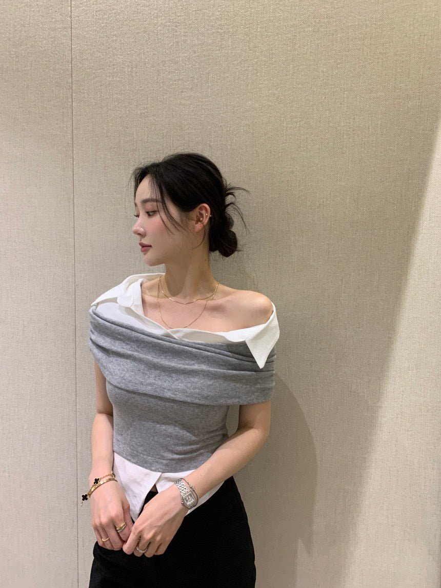 Tue. Elle庫尼假兩件式襯衫上衣 灰