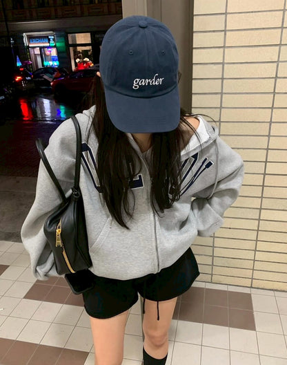 Mon. 韓chic休閒百搭加絨版連帽雙拉鏈外套 藍/灰