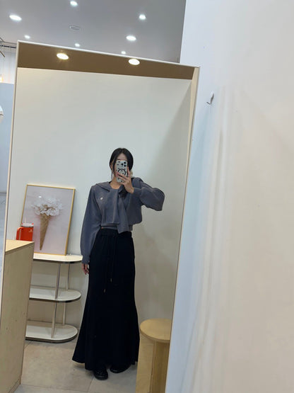 Mon. 減齡海軍領飄帶短款長袖上衣 米/藍/灰/黑