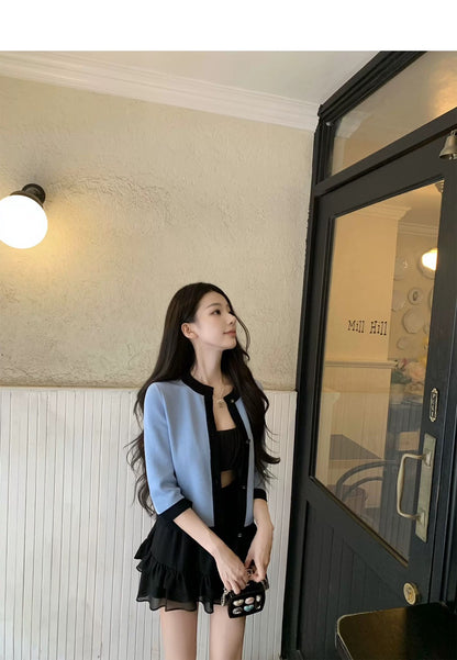 Thu. 屋頂Y*L Rose風長袖雪紡上衣2件組 荷葉半身裙 黑