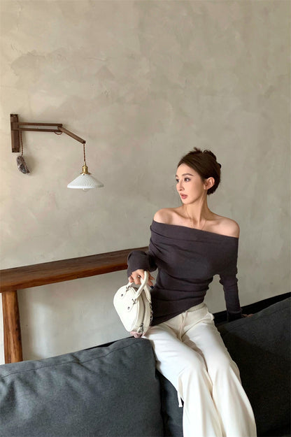 Wed. 慵懶氣質一字肩針織上衣 紫灰