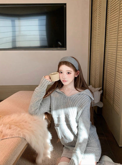 Tue. 氣質冷女高雅灰大翻領口袋羊毛半裙套裝