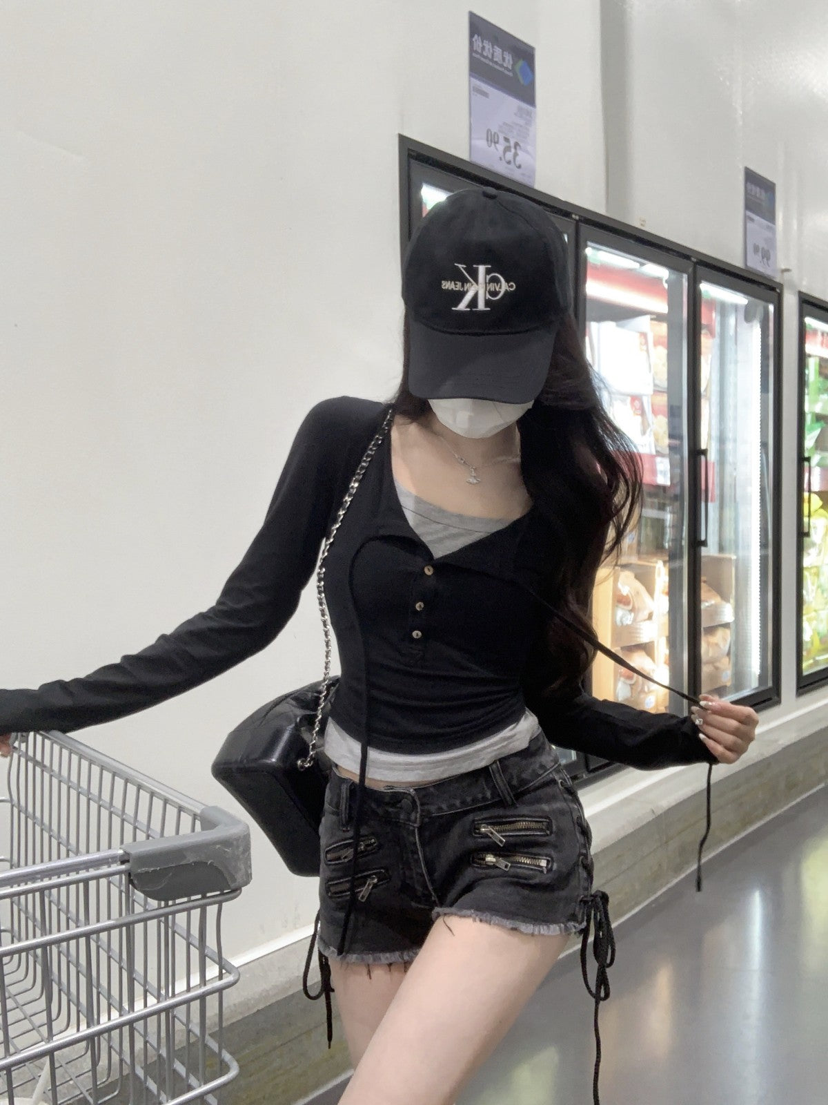 Tue. 圓領打底鈕扣垂墜兩穿上衣 綠/黑