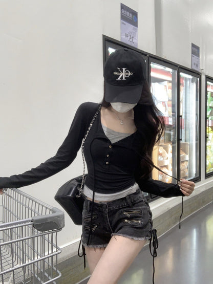 Tue. 圓領打底鈕扣垂墜兩穿上衣 綠/黑