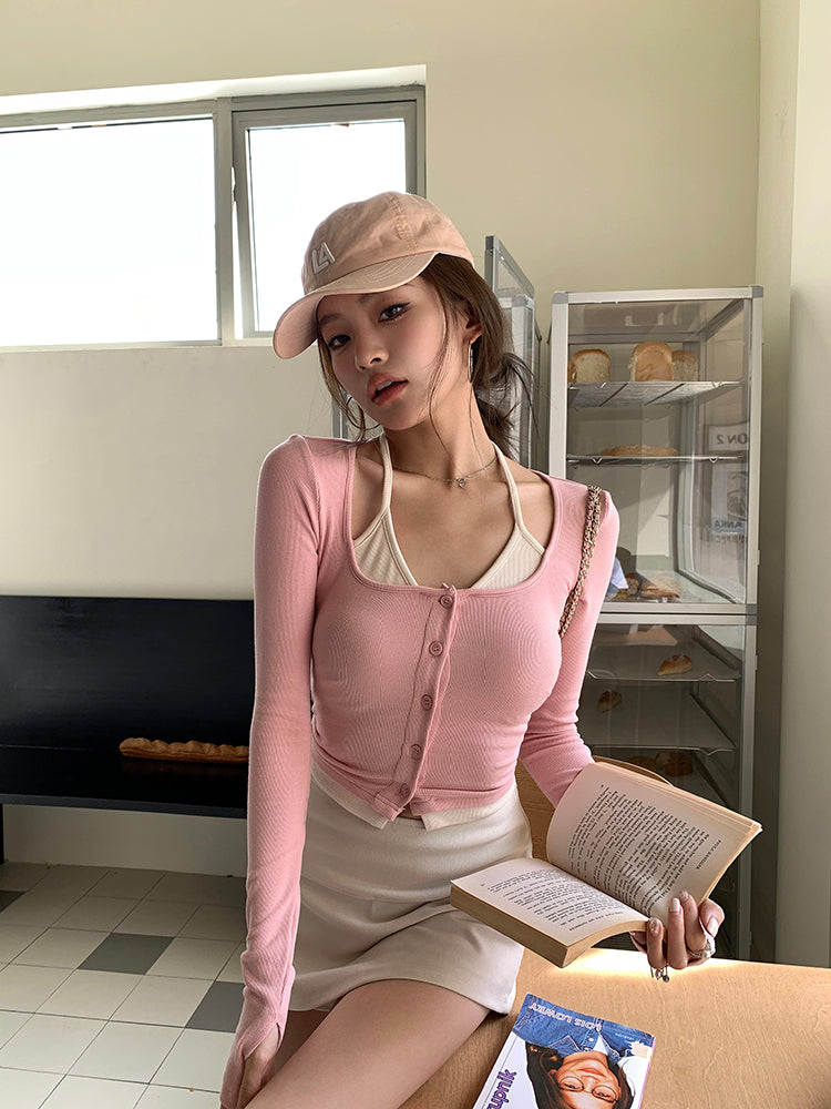 Wed. 假兩件式綁脖針織衫 粉