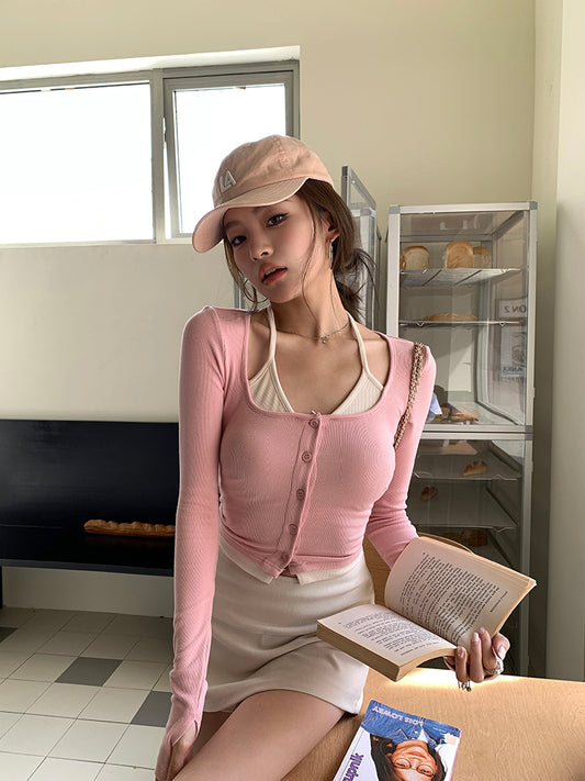 Wed. 假兩件式綁脖針織衫 粉