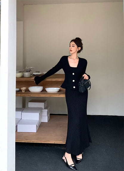 Wed. 優雅法式收腰針織開衫 方領連身裙 黑