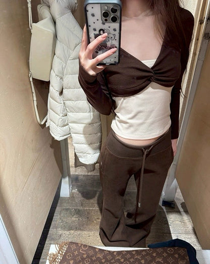 Fri. 高克重冬褲 銀狐絨寬腰抽繩喇叭褲 粉/咖