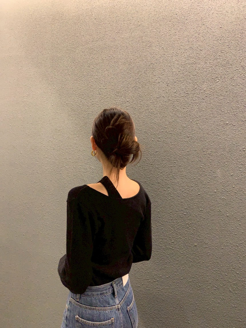 Mon. 不規則設計針織拼接長袖上衣 杏/黑