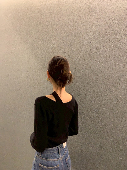 Mon. 不規則設計針織拼接長袖上衣 杏/黑