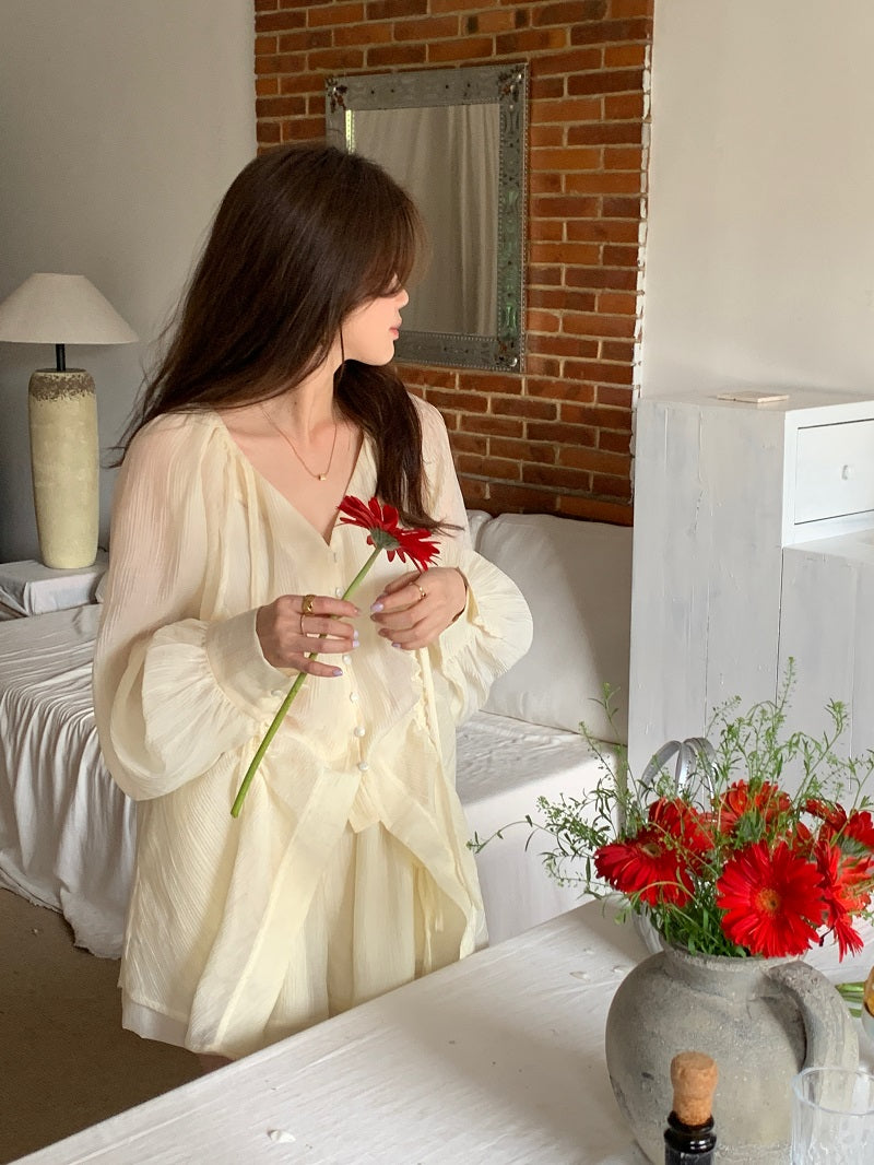 Sat. 雲朵澎澎v領襯衫套裝 米白