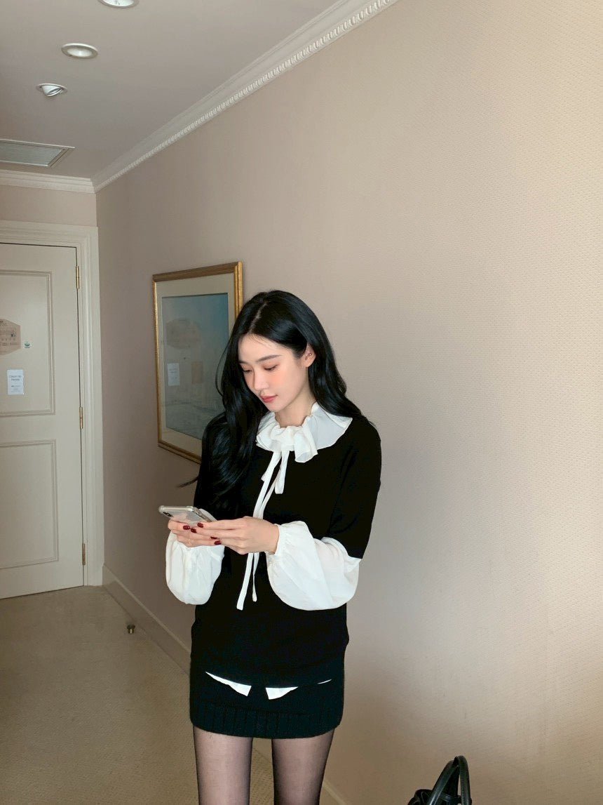 Mon. 夢幻娃娃撞色疊搭娃娃領白襯衫/黑毛衣