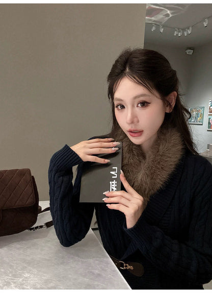 Mon. 格溫小鎮藏藍學院風麻花針織皮釦外套（無毛毛領）