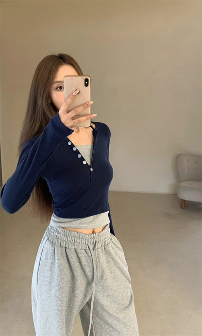 Wed. 假兩件式排扣上衣 & 運動休閒褲 灰