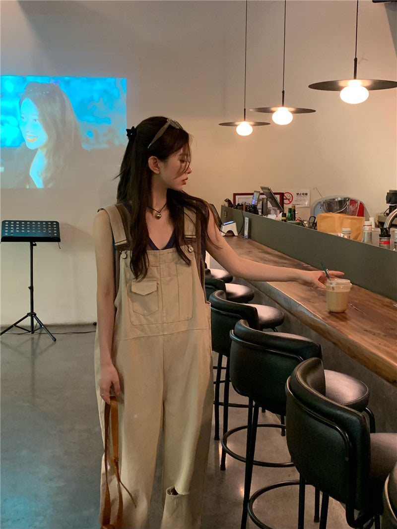 Sat. 大口袋工裝卡其吊帶褲