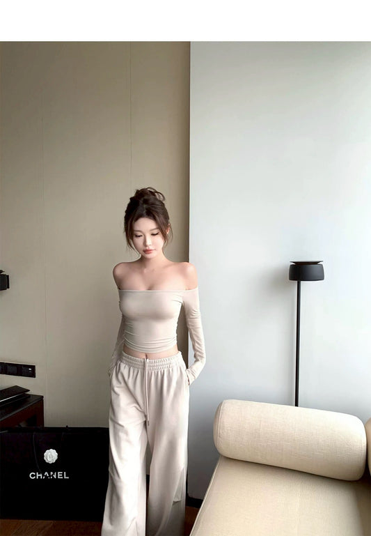 Tue. 韓女一字領顯瘦長袖上衣 鬆緊休閒褲 杏