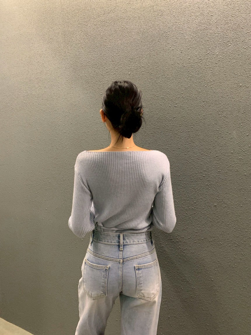 Fri. 秋冬設計感修身繫帶慵懶針織上衣 卡其/藍