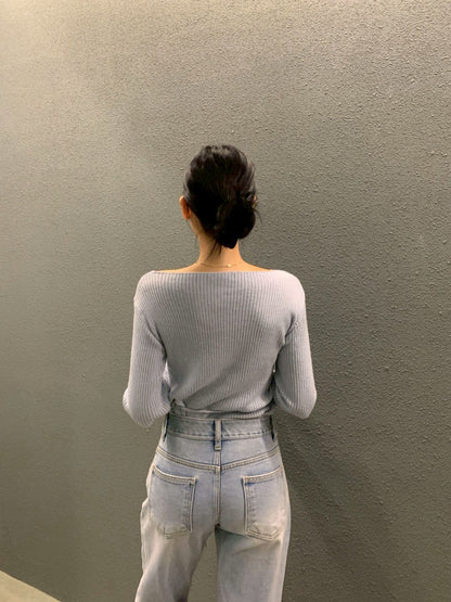 Fri. 秋冬設計感修身繫帶慵懶針織上衣 卡其/藍