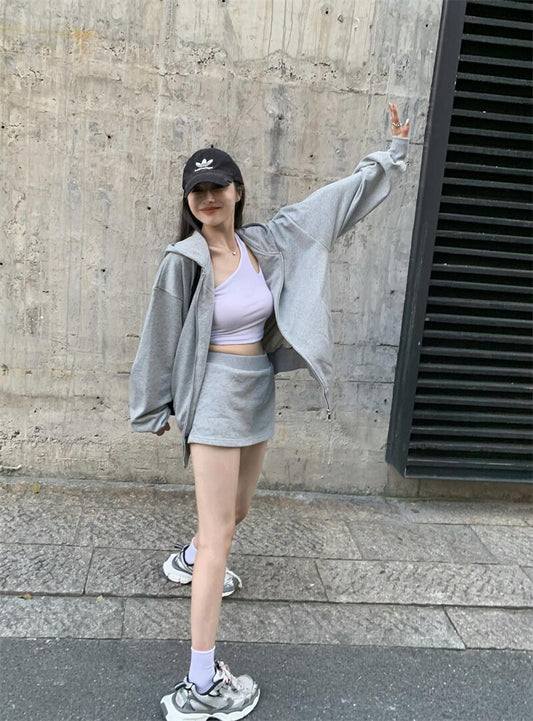 Mon. 美式休閒運動連帽外套 & 短裙 灰