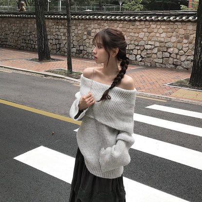 Mon. 穿不膩一字領針織上衣 杏/花灰