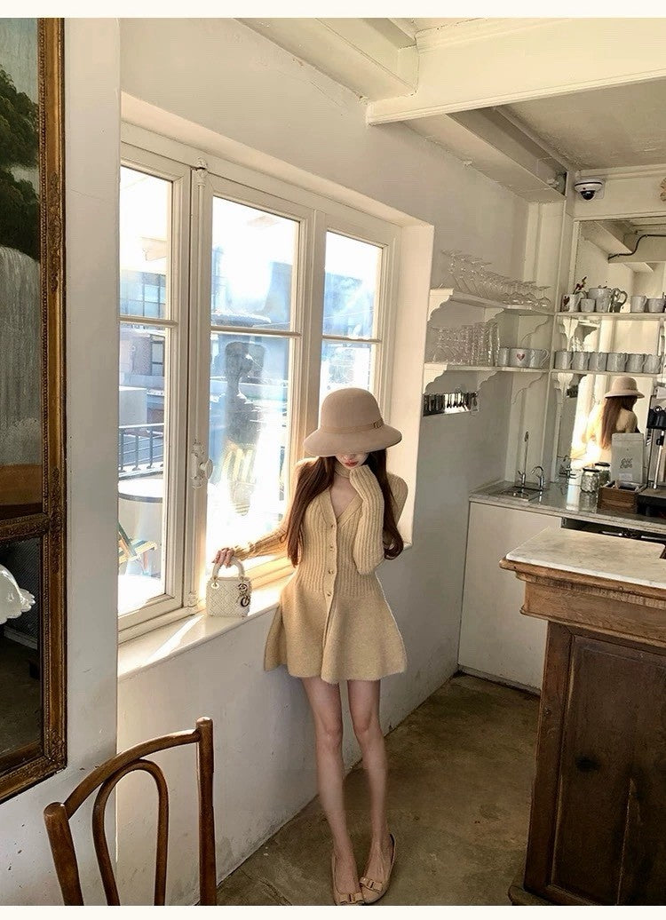 Tue. 傾心芭蕾氣質小心機針織收腰連身裙 奶黃