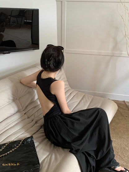 Thu. 修身縷空背心拼接裙 黑