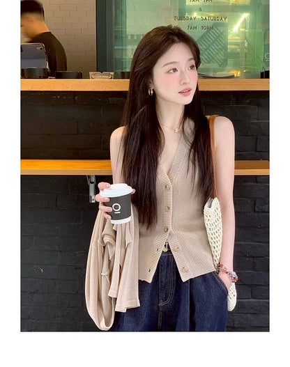 Thu. 自由領落仿天絲亞麻針織上衣2件套 砂杏