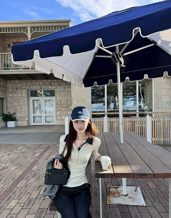 Fri. 智性感撞色polo鈕扣上衣 灰/米