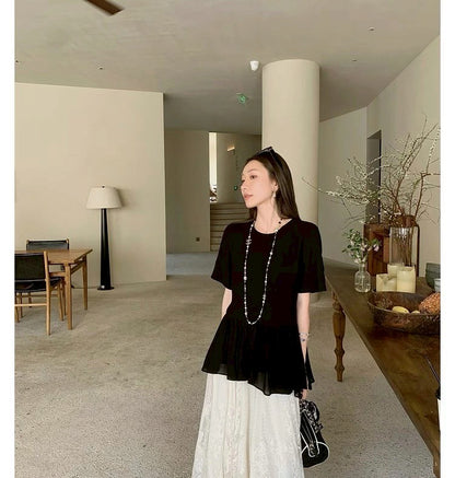 Mon. 夏日奧黛麗 優雅廓形黑色背心上衣 蕾絲半身裙套裝