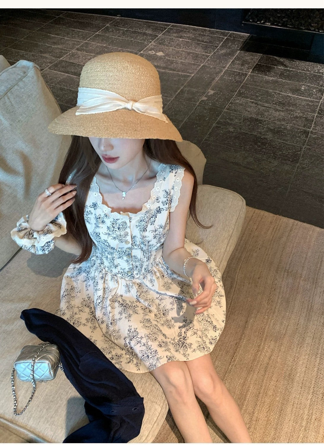 Fri. 清冷夏夜印花收腰連身裙 勾花外套