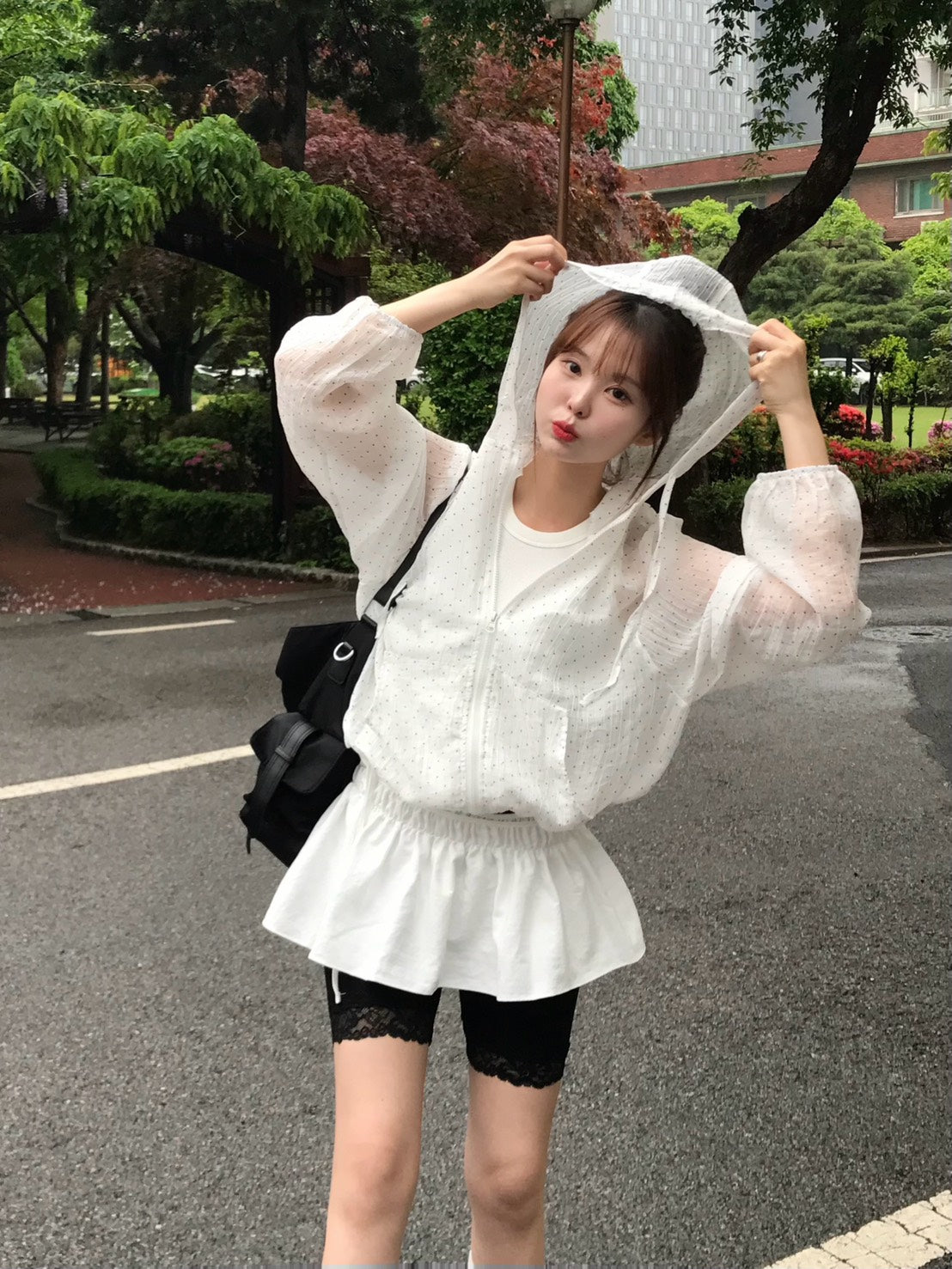 Tue. 日漫少女可愛連帽波點拉鏈外套 白