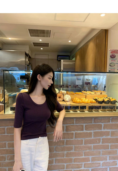 Thu. 超好搭韓女氣質五分袖U領上衣 白/紫