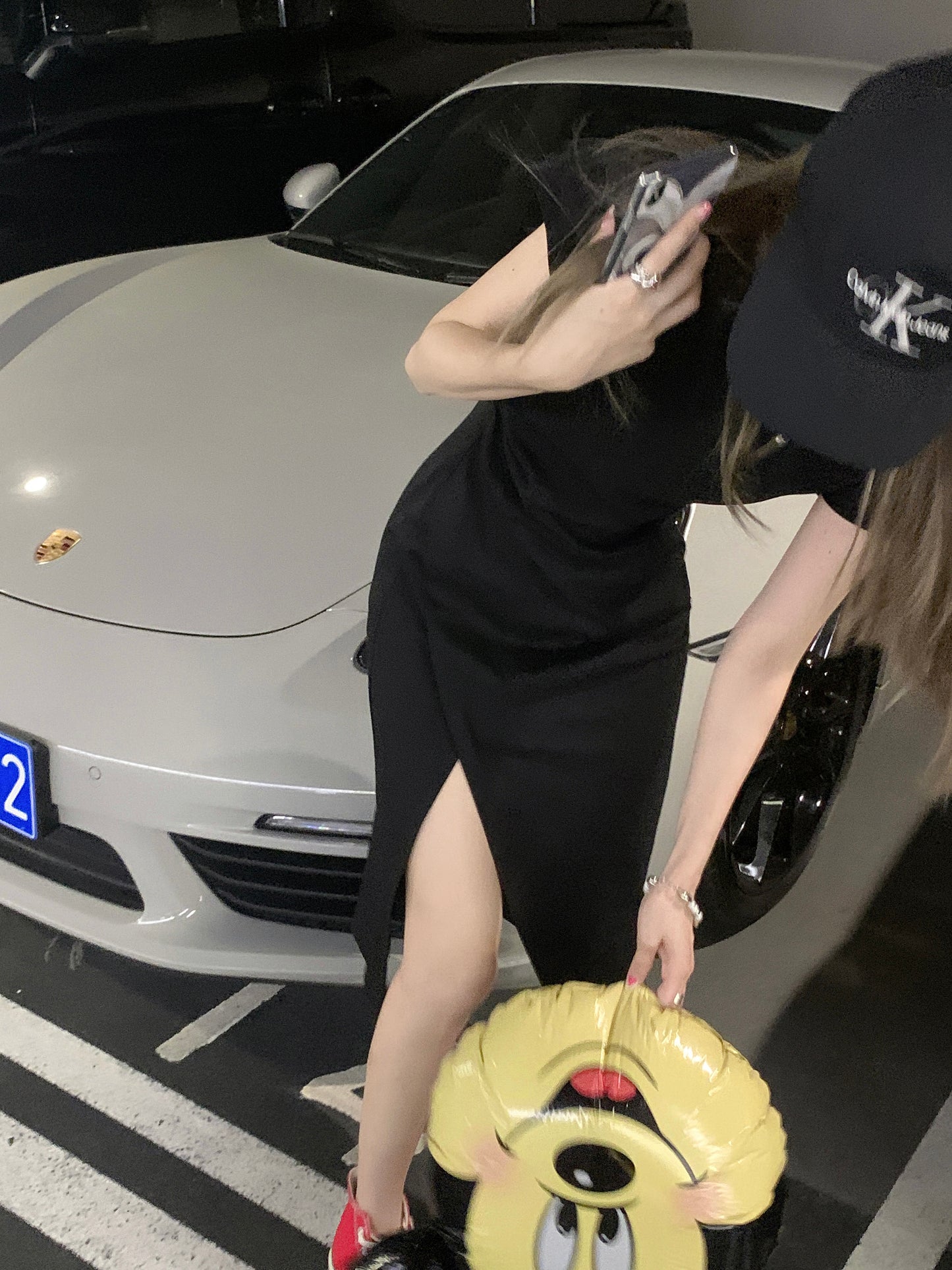 Sun. 休閒抓皺開叉連身T恤 黑