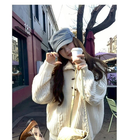 Thu. 濟州橙酒 厚麻花鈕扣高領針織上衣 杏