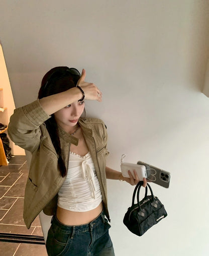 Mon. 美式做舊立領正肩修身夾克 卡其